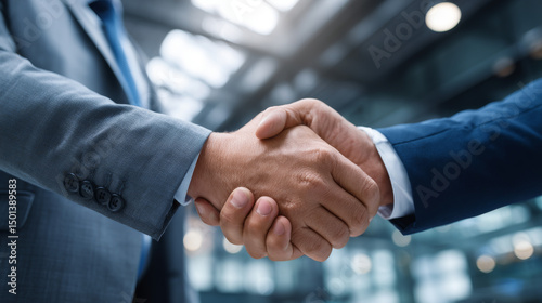 Business solution and agreement isometric concept vector illustration. Two faceless businessmen shake hands, successful deal conclusion, partnership and cooperation banner, recruiting agency web page