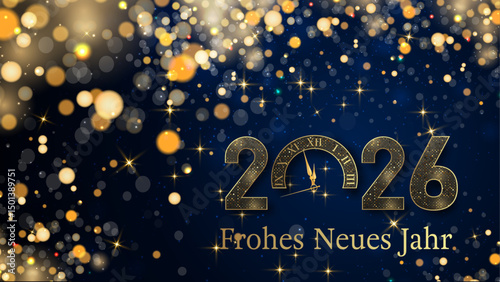 Karte oder Banner, um ein frohes neues Jahr 2026 in Gold zu wünschen. Die 0 ist eine Uhr mit goldfarbenem Glitzer im Bokeh-Effekt auf blauem Hintergrund