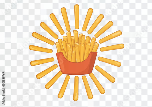 French fries arranged like sun rays, symbolizing French Fry Day, playful and clean design