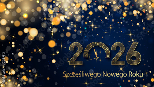 kartka lub baner z życzeniami szczęśliwego nowego roku 2026 w kolorze złotym 0 to zegar ze złotym brokatem w efekcie bokeh na niebieskim tle