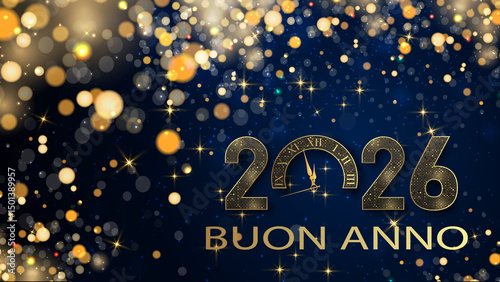 biglietto o striscione per augurare un felice anno nuovo 2026 in oro lo 0 è un orologio con glitter color oro in effetto bokeh su uno sfondo blu photo
