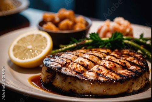 A savory meal with a mix of meats and vegetables served on a clean white plate