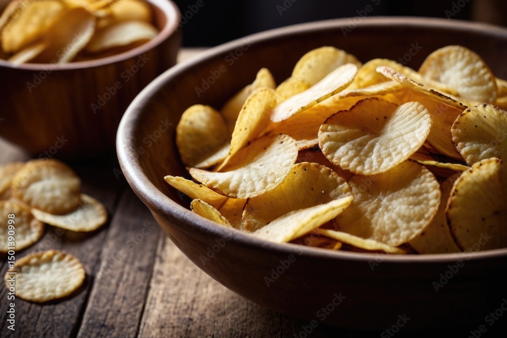 A bowl of crispy potato chips on a wooden table A bowl of crispy potato chips on a wooden table