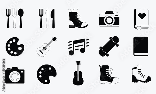 Black and white icons of hobbies interests and activities