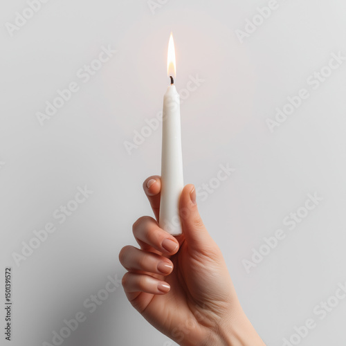 Hand holding a candle light flame hope peace prayer spirituality concept on a white background
