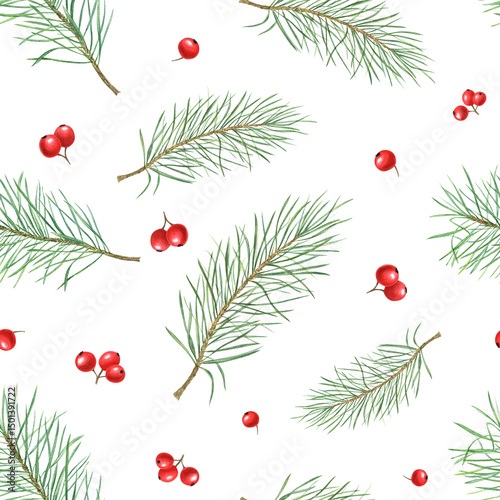 Delicate fir branches and red berries watercolor seamless pattern isolated background. Christmas ornate for festive wrapping paper, textile designs, holiday decorations, cozy home decor photo