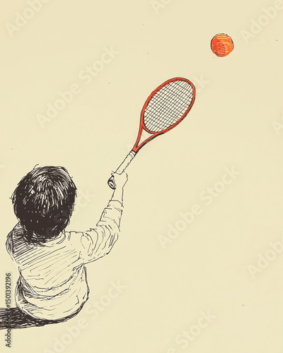 Unique hand drawn, drawing, doodle of boy playing tennis, holding tennis racquet, hitting tennis ball for children's book, kids birthday sport theme card	
