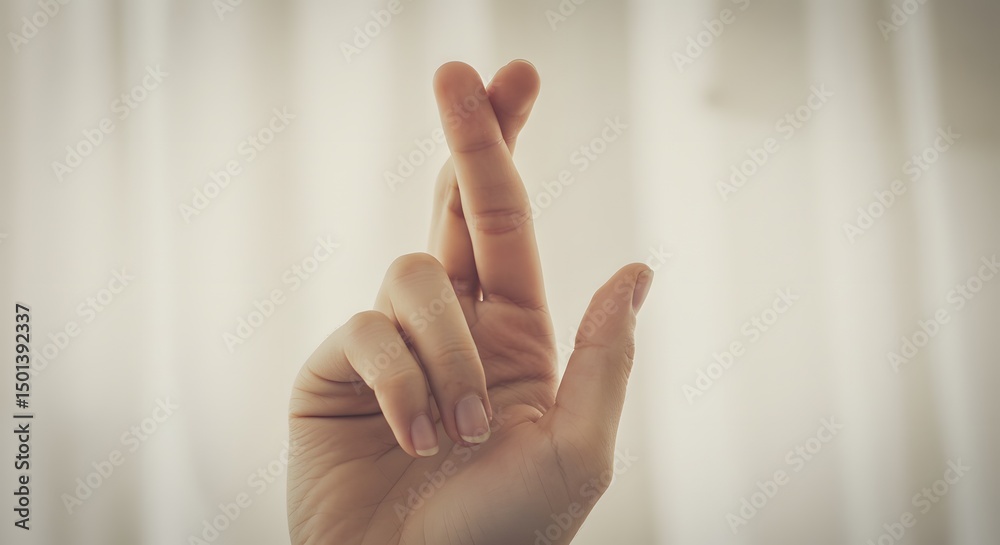 Naklejka premium Fingers crossed, Close-up of a left hand with crossed fingers against a plain background, conveying luck, trust, or anticipation