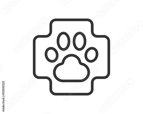 Minimalist outline icon of a paw print within a medical cross. Symbolizes veterinary care, pet health, or animal rescue. Clean, modern, ideal for websites or apps.