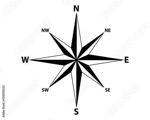 Classic black and white compass rose illustration. Vector design symbolizing guidance, navigation, and exploration. Great for maps, travel, and direction concepts.