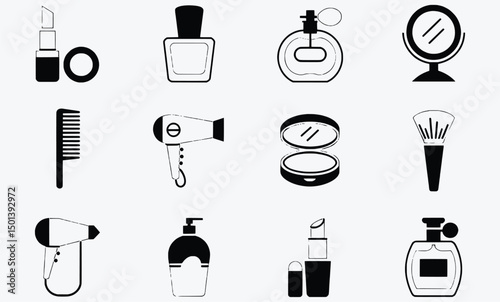Beauty icons set makeup cosmetics hair styling tools