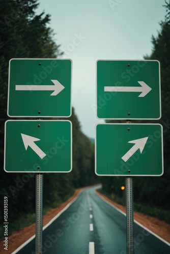 A pair of green signs on the side of a road, providing directions to travelers photo