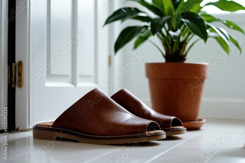 A pair of shoes sits next to a potted plant, perfect for use in interior design or lifestyle scenes