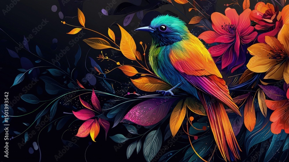 Fototapeta premium Vibrant bird perched amidst colorful floral design.