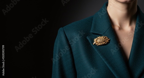 Elegant Woman Wearing Green Blazer with Decorative Brooch. Elegant brooch on dark green coat fashion accessory jewelry style and design