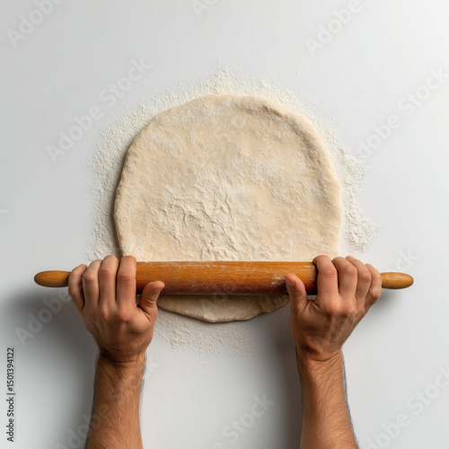 Hand rolling dough with rolling pin top view pastry preparation baking on a white background