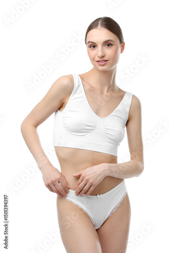 Woman wearing beautiful underwear on white background