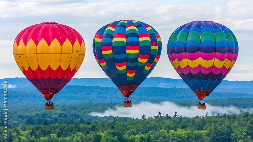 Obraz premium Colorful Hot Air Balloons Soaring Above Lush Green Landscape Under Dramatic Sky