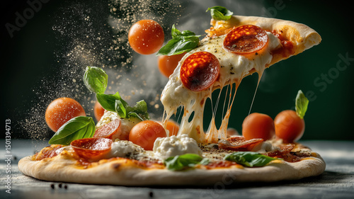 dynamic food photograpgy of explosion of deconstructed fresh Pepperoni pizza with ingredients floating in the air, Pepperoni, cheddar cheese, soft melt burrata, tomato couli, basil, olive oil, spices 