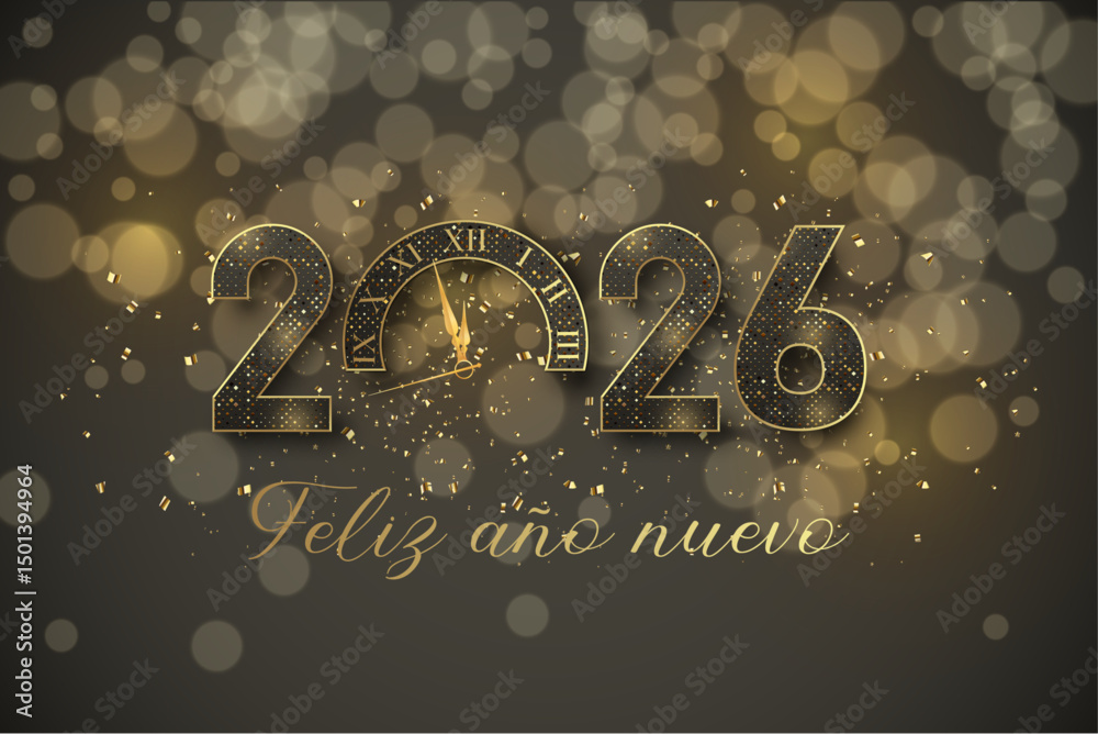 cartão ou banner para desejar um feliz ano novo 2026 em preto e dourado com glitter o 0 é um relógio sobre um fundo preto com círculos em efeito bokeh