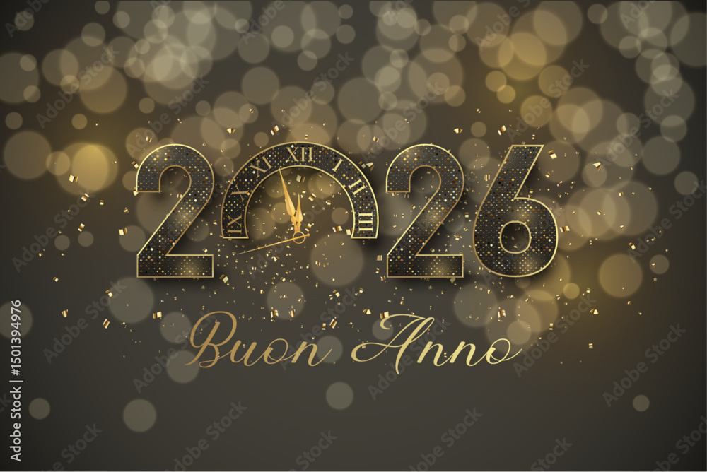 biglietto o striscione per augurare un felice anno nuovo 2026 in nero e oro con glitter lo 0 è un orologio su uno sfondo nero con cerchi in effetto bokeh