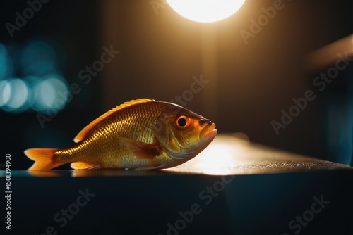 A single fish sits on a table under bright lighting