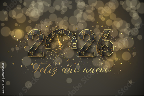 cartão ou banner para desejar um feliz ano novo 2026 em preto e dourado com glitter o 0 é um relógio sobre um fundo preto com círculos em efeito bokeh