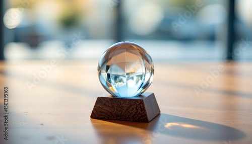a close up of a single polished glass paperweight on a smooth teak desk, with a blurred, pale blue corporate background