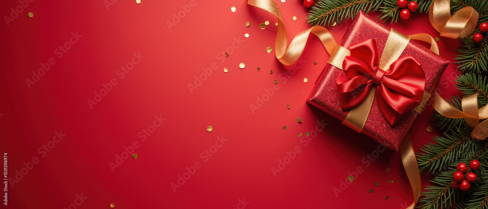 Festive red background features beautifully wrapped gift adorned with shiny ribbon, surrounded by holiday decorations like pine branches Festive red background features beautifully wrapped gift adorned with shiny ribbon, surrounded by holiday decorations like pine branches