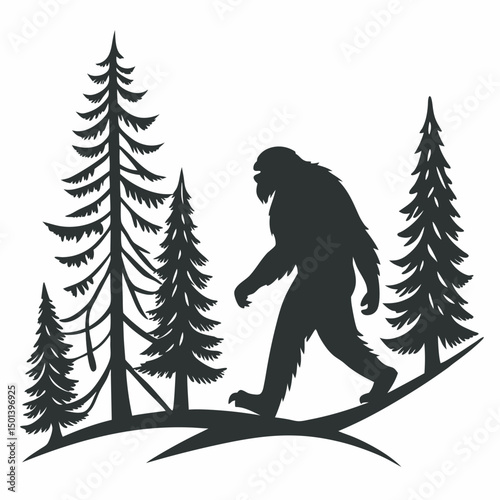 Bigfoot silhouette walking through forest with pine trees vector illustration