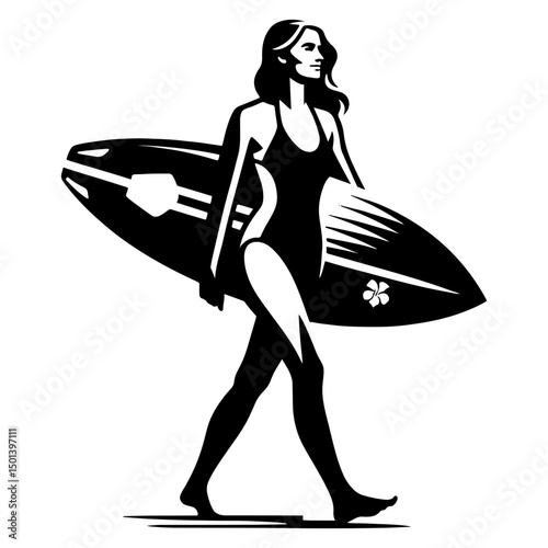 A Female Surfer With Surf Board, Black And White Surfer Silhouette