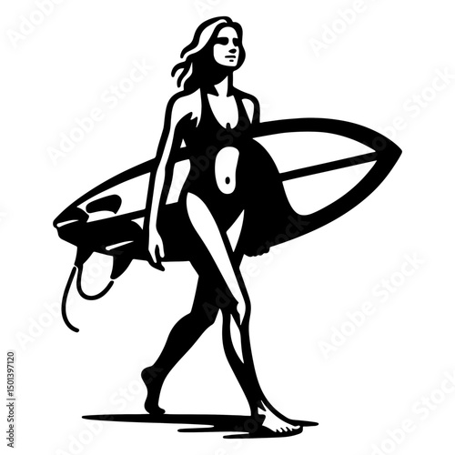 Female Surfer With Surf Board, Black And White Surfer Silhouette