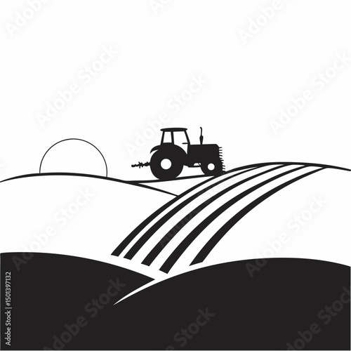 Silhouette of tractor on field at sunrise agriculture farming landscape