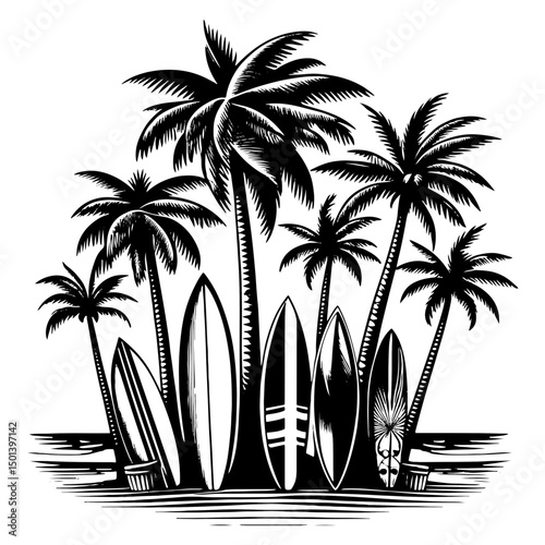 Surfboards Resting On A Beach, Black And White Surf Silhouette