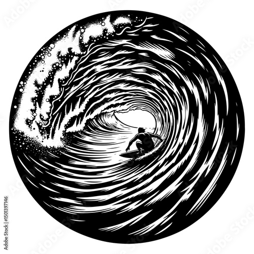 Male Surfer In The Tube, Black And White Surfer Silhouette