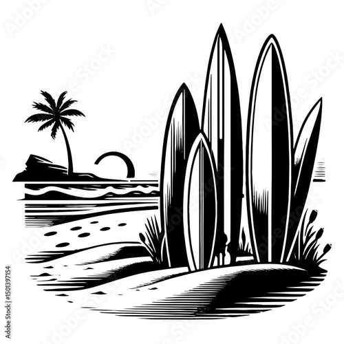A Collection Of Surfboards Resting On A Beach, Black And White Surf Silhouette