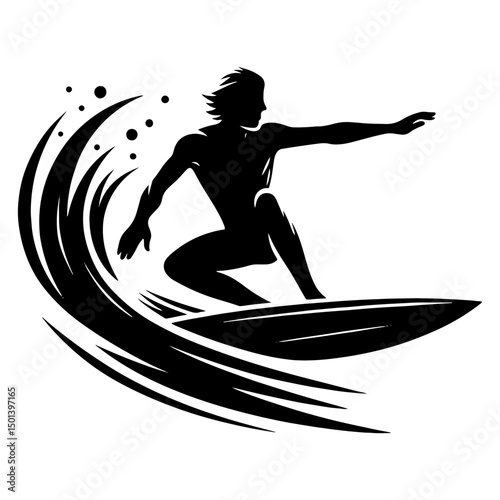A Silhouette Of A Male Surfer Catching A Wave, Black And White Surfer Silhouette