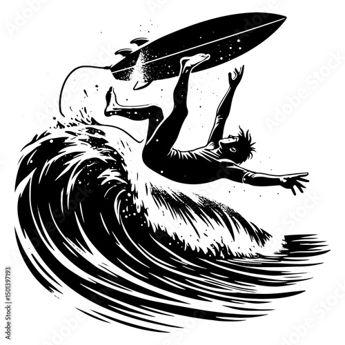 A Surfer Falling Off Their Surfboard, Black And White Surfer Silhouette