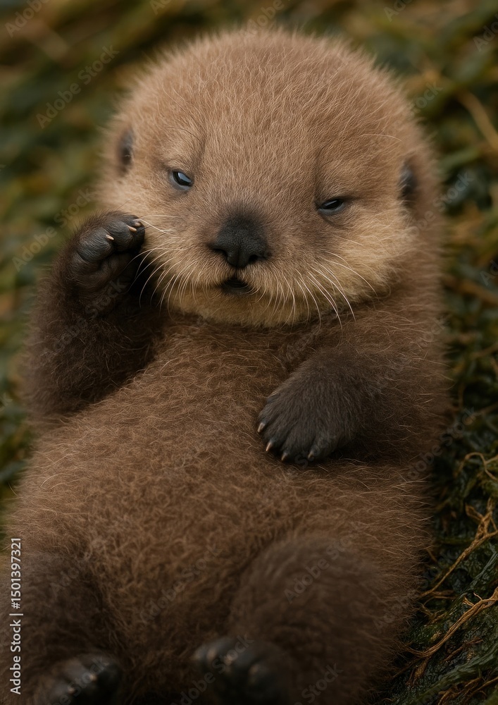 Fototapeta premium Adorable fluffy baby otter resting.