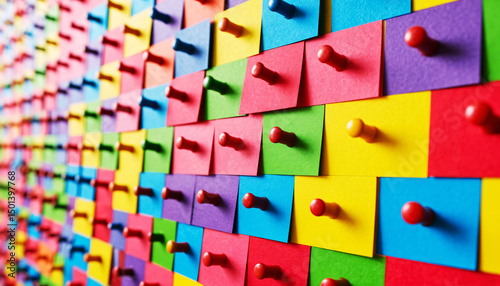 Colorful pins attached to a multitude of brightly colored paper squares convey the concepts of organization, creativity and vibrant self-expression