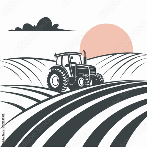 Monochrome tractor on farm field at sunset vector illustration minimal design