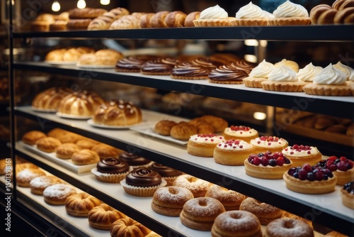 A display case filled with various types of pastries, ideal for food, bakery or dessert images