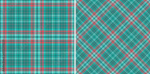 Two vibrant teal and coral plaid patterns, perfect for textile design, fashion, or web backgrounds.