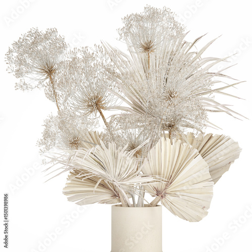 3D illustration Floral white bouquet of dried flowers with branches of cortaderia pampas