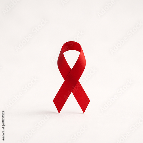 A serene and contemplative image focusing on a single red ribbon against a soft white background, symbolizing blood cancer awareness.
