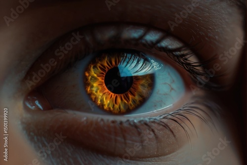 A close-up shot of a human eye with a striking orange-colored iris, great for medical or scientific illustrations photo
