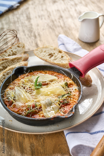 Shakshuka with baked eggs in tomato sauce, topped with melted cheese and basil, served hot in a cast iron skillet with rustic bread on the side.