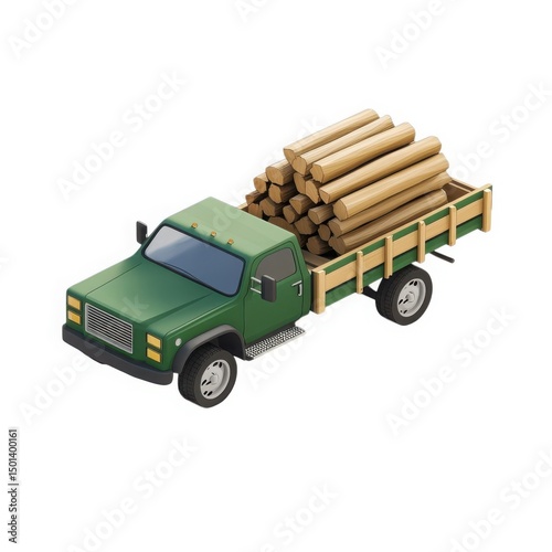 Green logging truck with wood logs isolated on white background