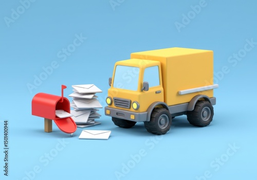 Cartoon Mail Truck Delivering Letters with Red Mailbox on Blue