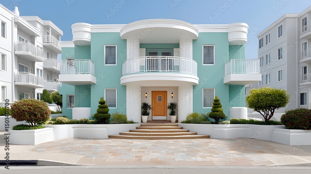 Fototapeta premium Stunning Teal Modern House Exterior with White Accents and Landscaped Garden